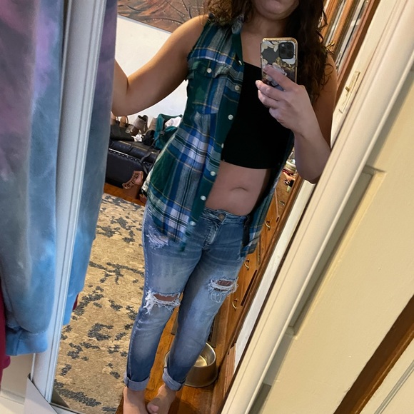 Mossimo custom DIY distressed sleeveless vest plaid flannel women's S - Picture 6 of 7